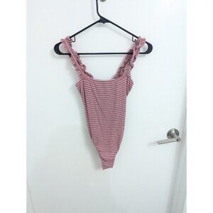 Pink Dusty Rose Striped Ribbed Ruffled Strap Bodysuit XS LulusLulus